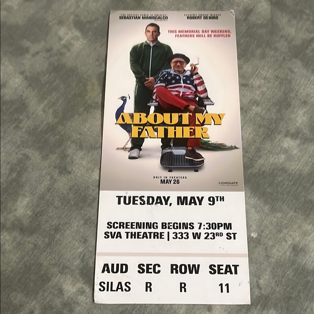 About my father premiere movie ticket Deniro Sebastian 2023 3.5 x 8.25